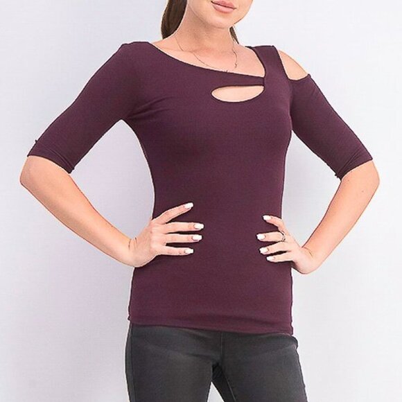 Goldray Tops - Goldray Garima Asymmetric Cold Shoulder Tops, Burgundy, Size M